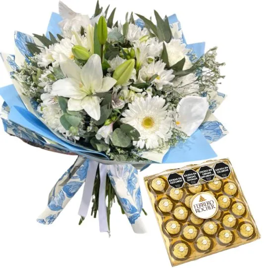 Ramo de flores de estacion blanco con bombones rocher x 24